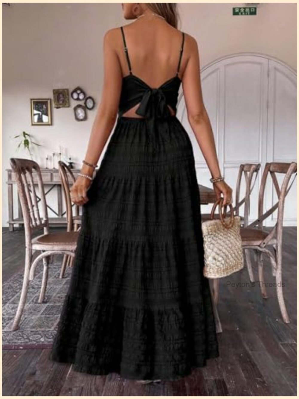 Spaghetti Strap Bow Tie Back Maxi Dress - Flowy Boho Beach Vacation Sundress - Picture 3 of 6
